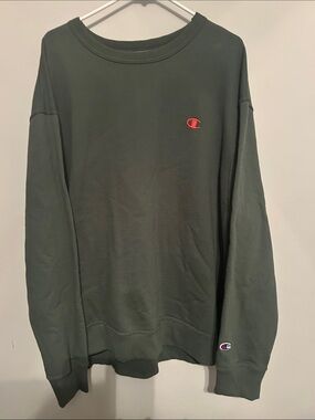 Champion Olive Crewneck Sweatshirt with Red Logo